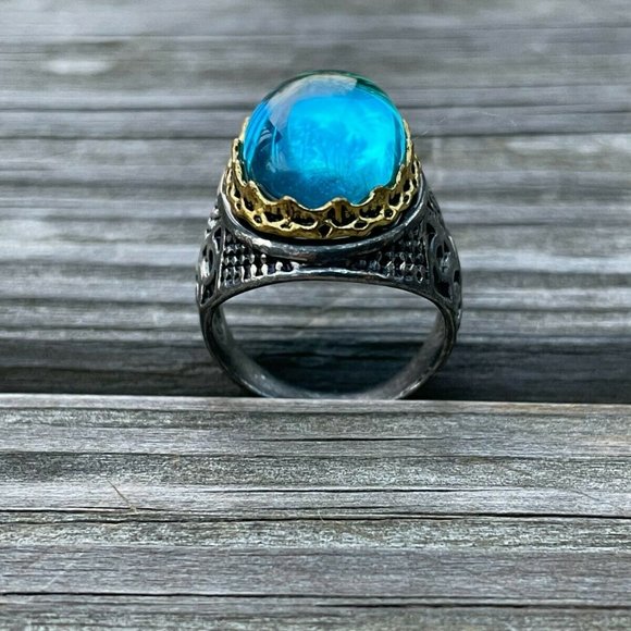 Men Rings Fashion Blue Stone Gunmetal/Gold Tone Men Jewelry Rings Size 9 - Picture 11 of 11